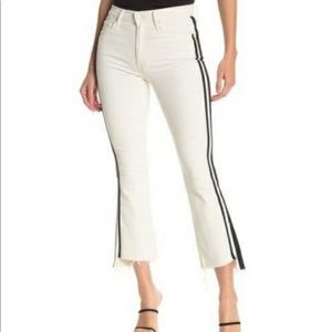 MOTHER High-Rise White Cropped Jeans with Black Side Stripes